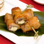 県産ポークを巻いた木綿豆腐の梅ジソ串